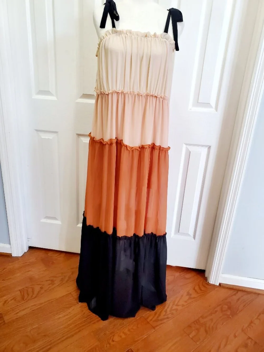Fanco Tiered Ombré Maxi Dress Peach Pink Black Boho Cottagecore Dress M Romantic